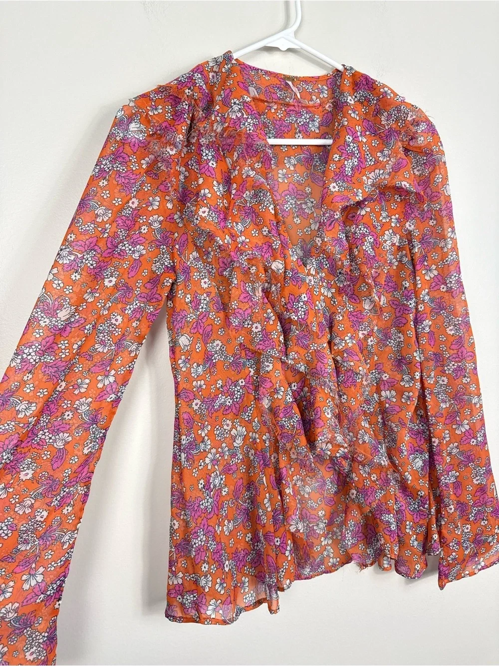 Free People Nina Top Womens Small Tulips Ditsy Ruffled Sheer Hippie Boho Pink